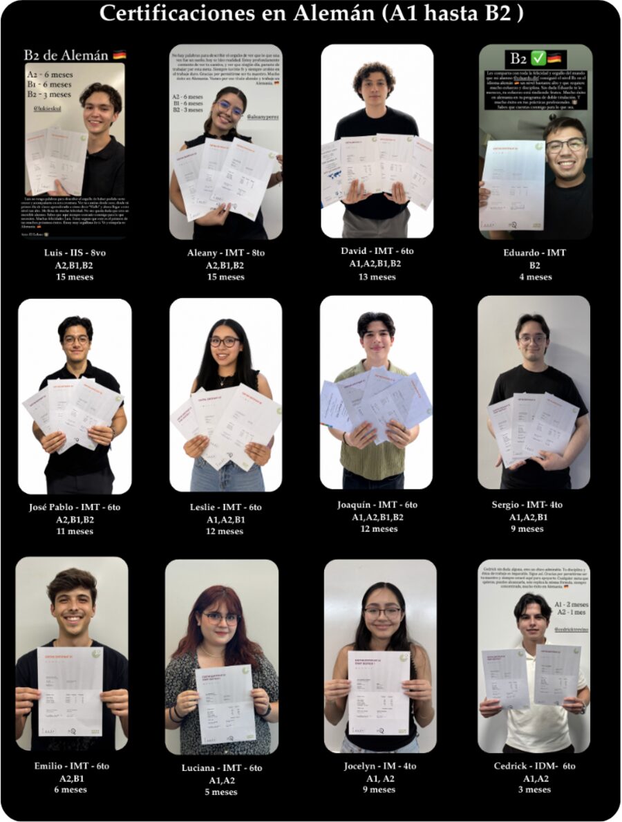 Collage de alumnos de Mi Camino Hacia Alemania mostrando sus certificados oficiales de alemán, de A1 hasta B2